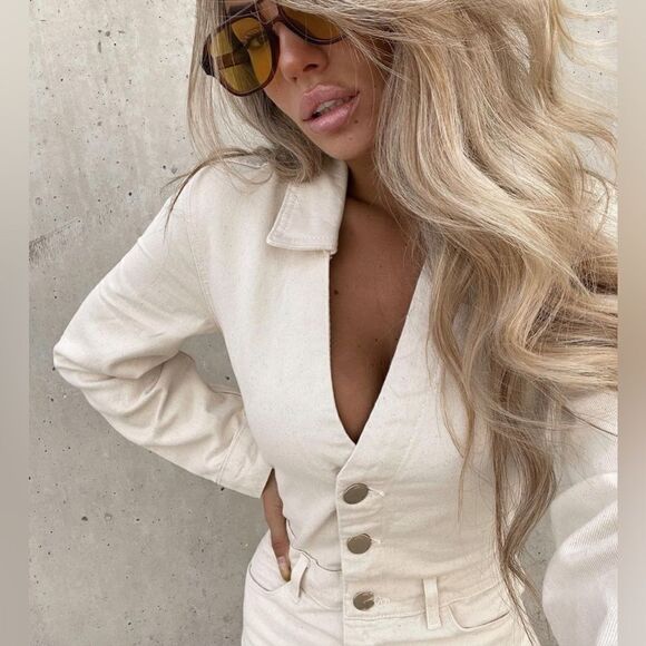 Zara Ecru Denim Jumpsuit Romper New - Picture 6 of 16